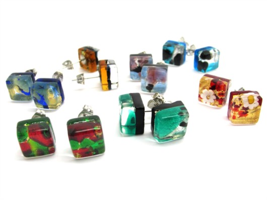 Boucles D'oreilles Pendantes En Pâte De Verre Murano - Carrés Avec Perles, Plaqué Or, Sans Marque